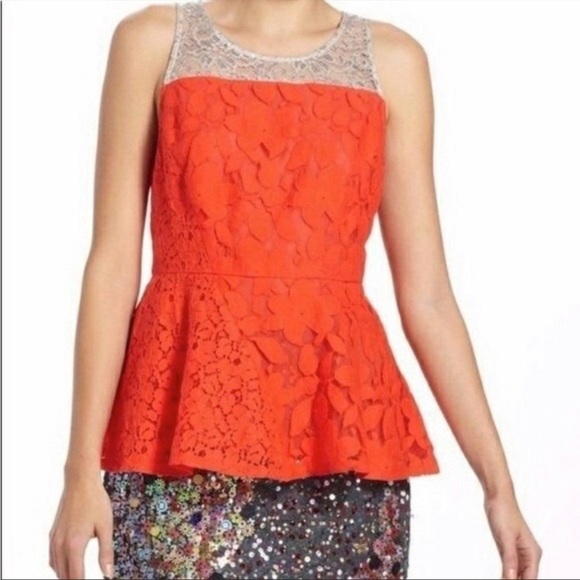 Anthropologie Moulinette Souers Glitzen Orange Peplum Metallic Blouse Sz 2 NWOT - Picture 1 of 11